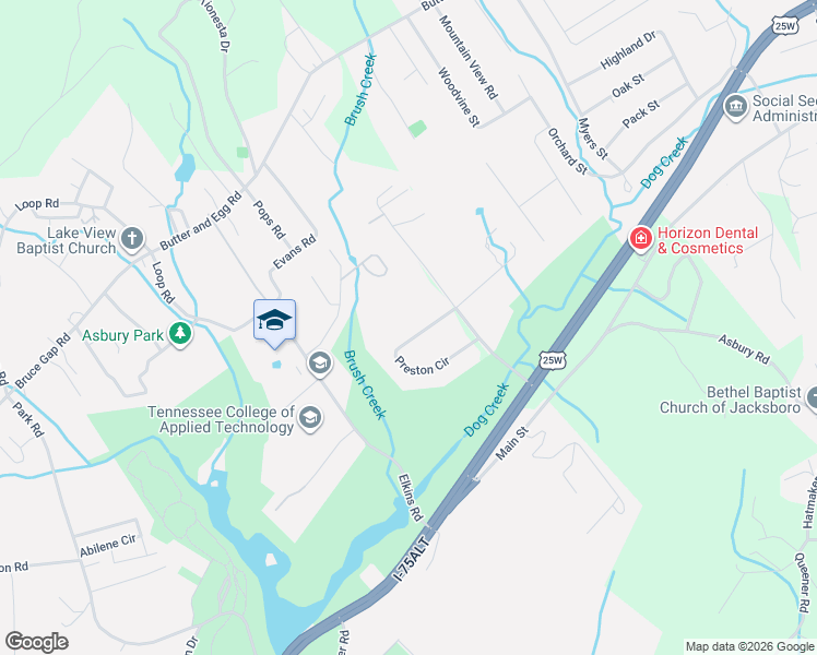 map of restaurants, bars, coffee shops, grocery stores, and more near 245 Dog Creek Lane in Jacksboro