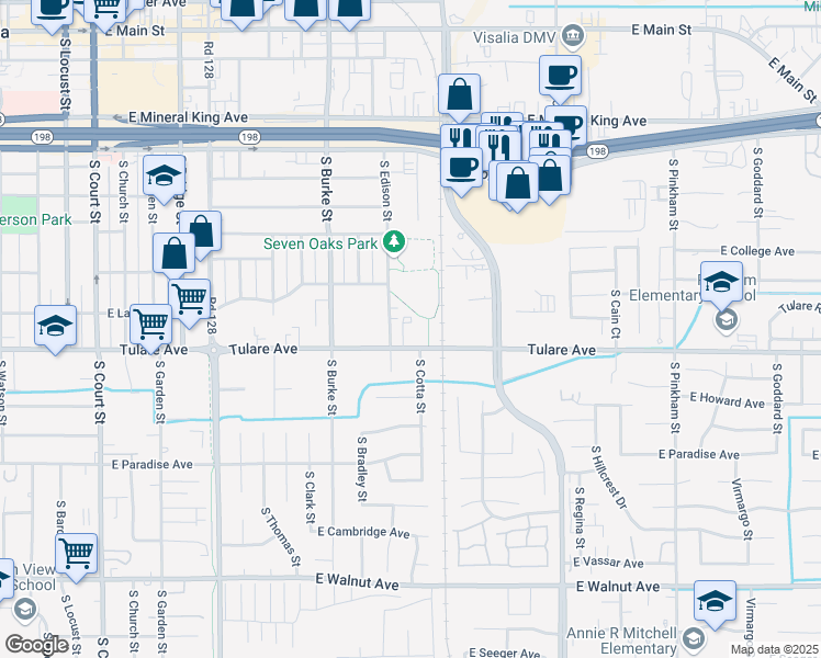 map of restaurants, bars, coffee shops, grocery stores, and more near 1120 East Tulare Avenue in Visalia