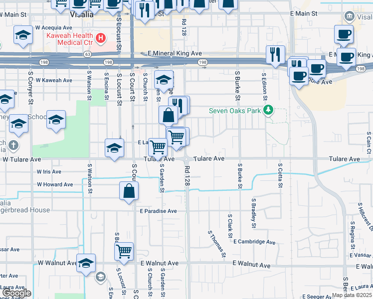 map of restaurants, bars, coffee shops, grocery stores, and more near 1098 South Santa Fe Street in Visalia
