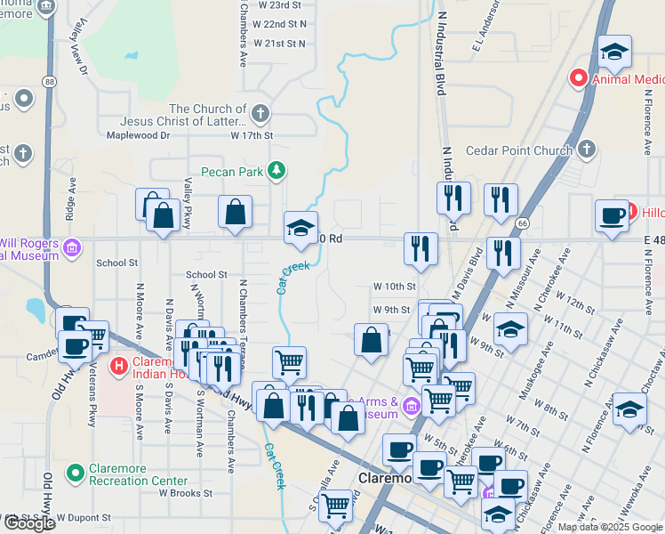 map of restaurants, bars, coffee shops, grocery stores, and more near 1302 North Willow Drive in Claremore
