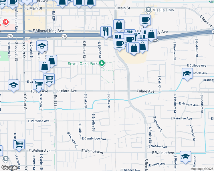 map of restaurants, bars, coffee shops, grocery stores, and more near 1120 East Tulare Avenue in Visalia