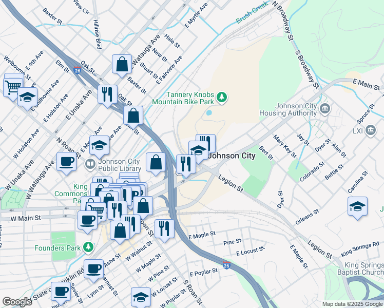 map of restaurants, bars, coffee shops, grocery stores, and more near 504 Dennis Dr in Johnson City