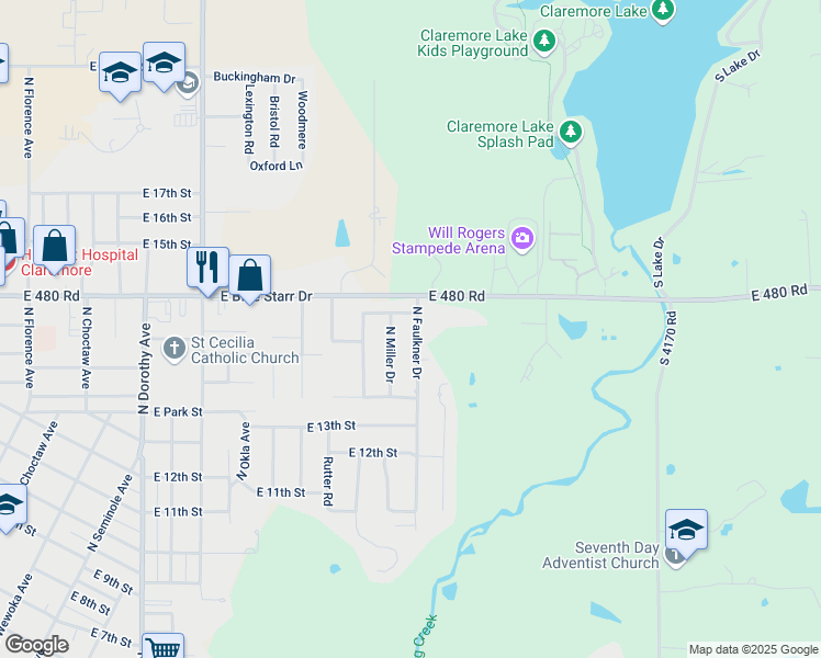 map of restaurants, bars, coffee shops, grocery stores, and more near 1307 North Faulkner Drive in Claremore