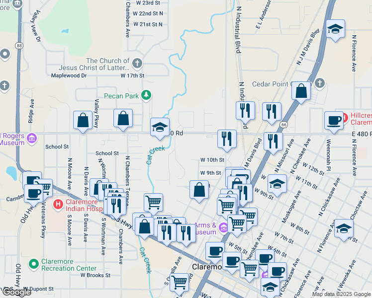 map of restaurants, bars, coffee shops, grocery stores, and more near 1000 West Blue Starr Drive in Claremore
