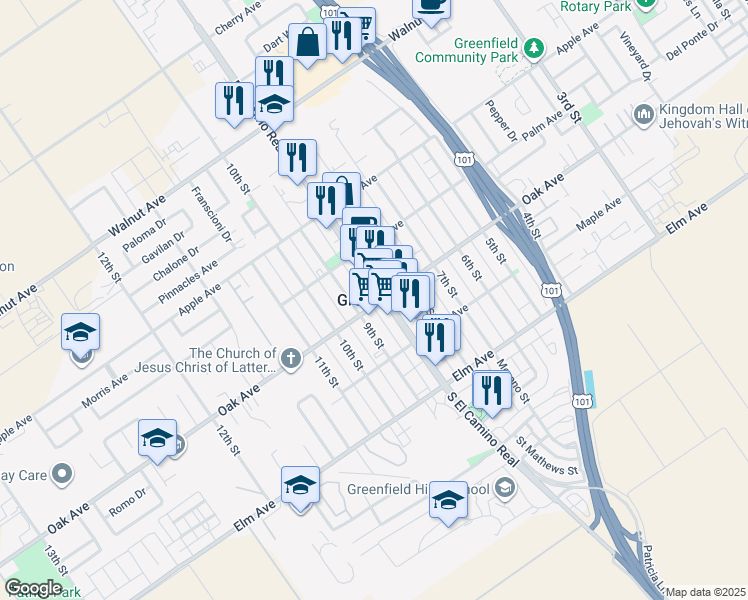map of restaurants, bars, coffee shops, grocery stores, and more near in Greenfield
