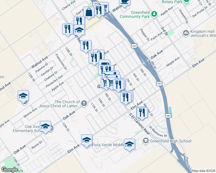 map of restaurants, bars, coffee shops, grocery stores, and more near in Greenfield