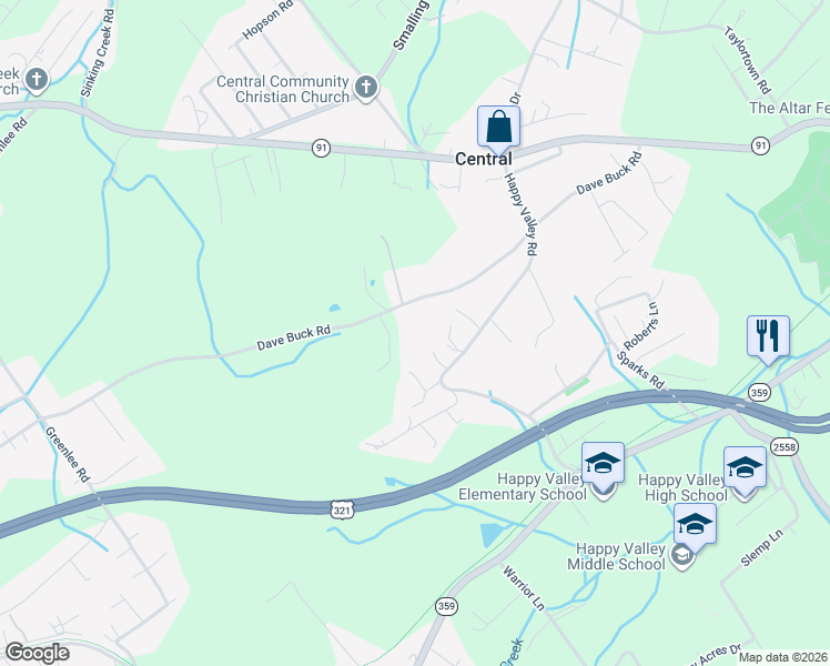 map of restaurants, bars, coffee shops, grocery stores, and more near 202 Happy Valley Road in Johnson City