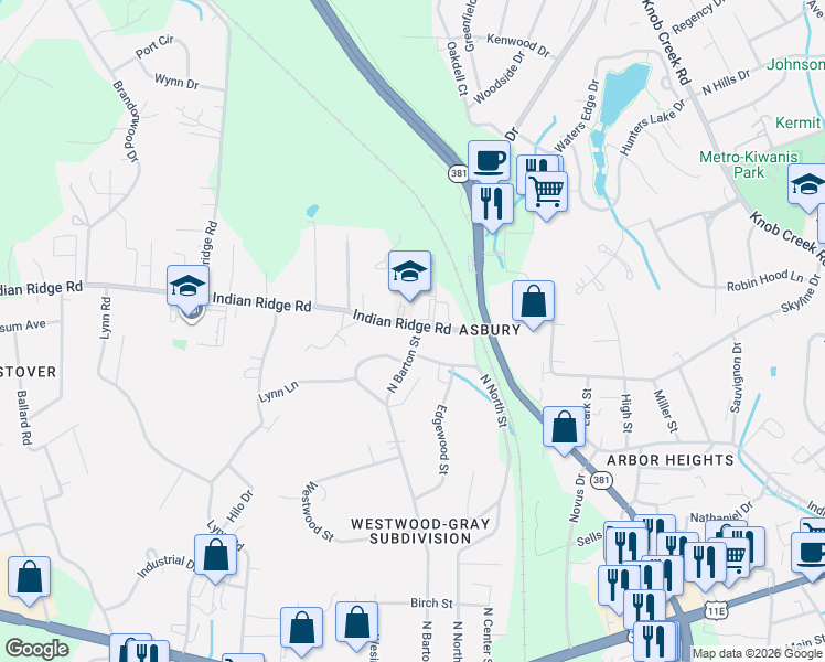 map of restaurants, bars, coffee shops, grocery stores, and more near 2005 Indian Ridge Road in Johnson City