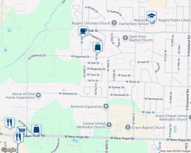 map of restaurants, bars, coffee shops, grocery stores, and more near 2708 West Gum Street in Rogers
