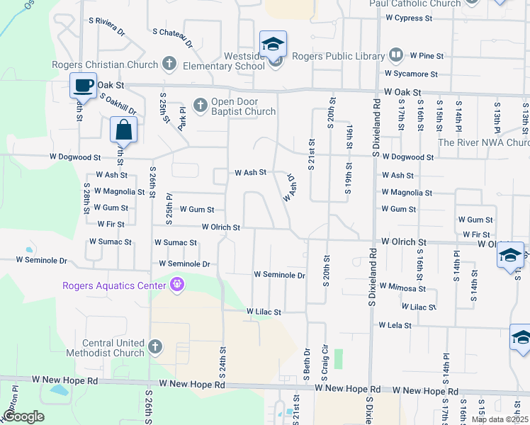 map of restaurants, bars, coffee shops, grocery stores, and more near 1508 South Heritage Circle in Rogers
