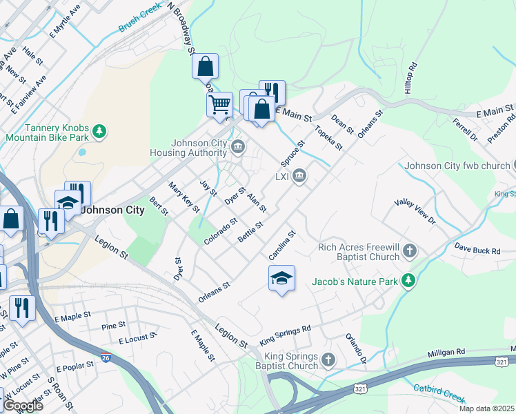 map of restaurants, bars, coffee shops, grocery stores, and more near 414 Colorado Street in Johnson City
