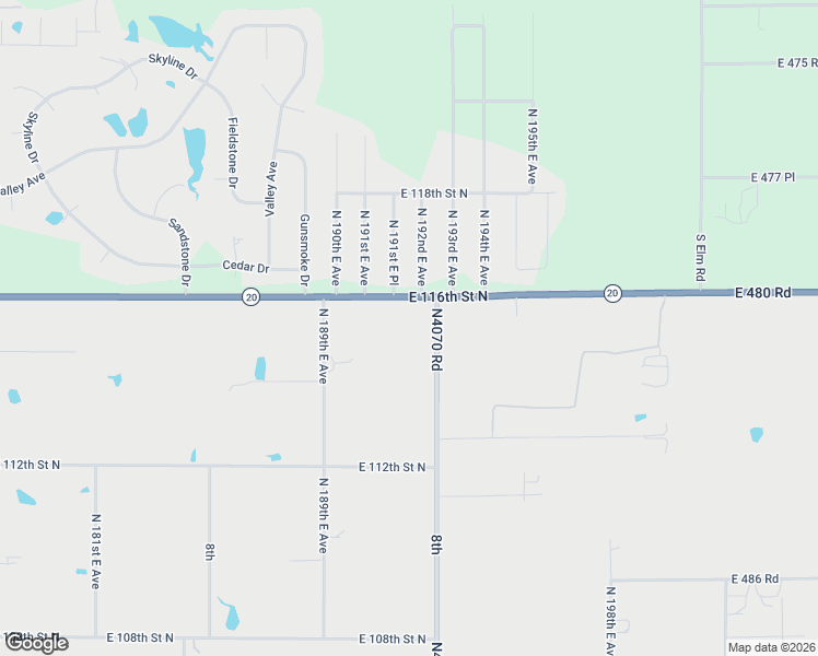 map of restaurants, bars, coffee shops, grocery stores, and more near 19280 East 116th Street North in Owasso
