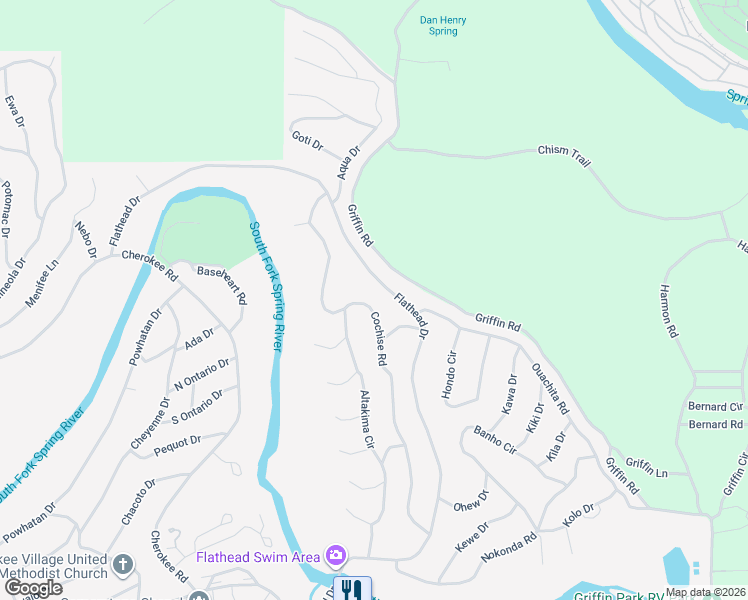 map of restaurants, bars, coffee shops, grocery stores, and more near 40 Cochise Road in Cherokee Village
