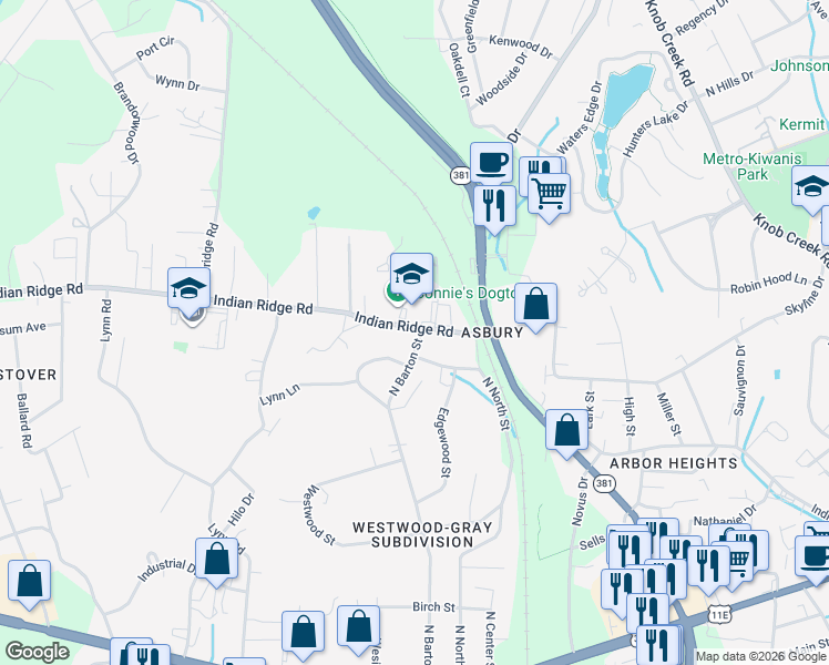 map of restaurants, bars, coffee shops, grocery stores, and more near 2005 Indian Ridge Road in Johnson City