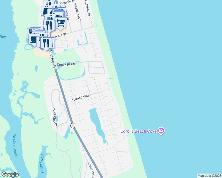 map of restaurants, bars, coffee shops, grocery stores, and more near 703 Spinnaker Arch in Corolla