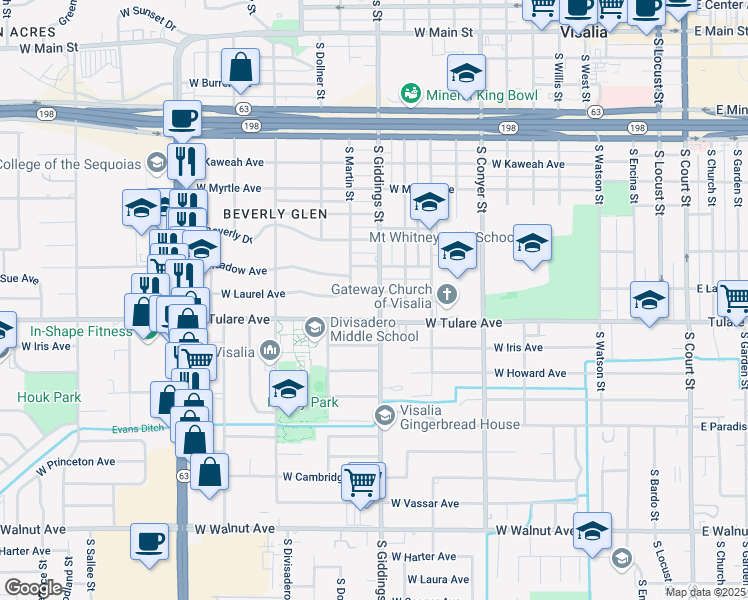 map of restaurants, bars, coffee shops, grocery stores, and more near 1111 South Giddings Street in Visalia