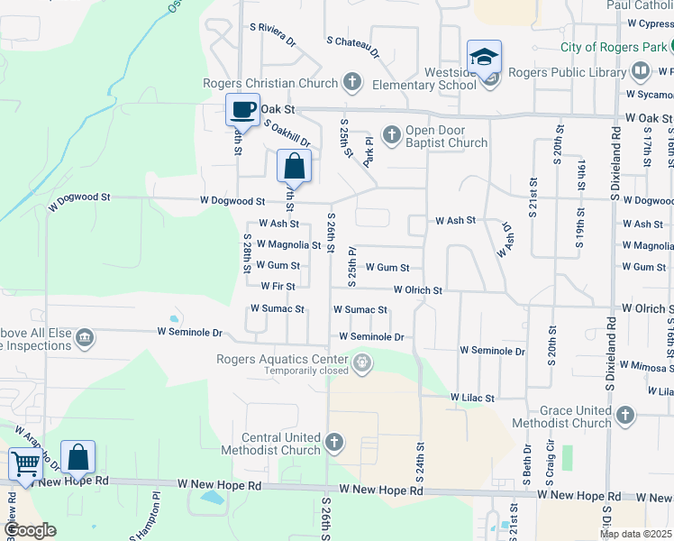 map of restaurants, bars, coffee shops, grocery stores, and more near 1121 South 26th Street in Rogers