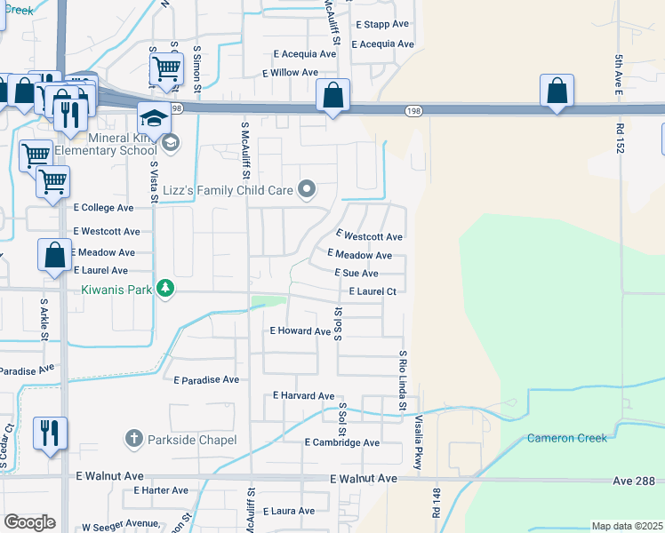 map of restaurants, bars, coffee shops, grocery stores, and more near 4026 East Sue Avenue in Visalia