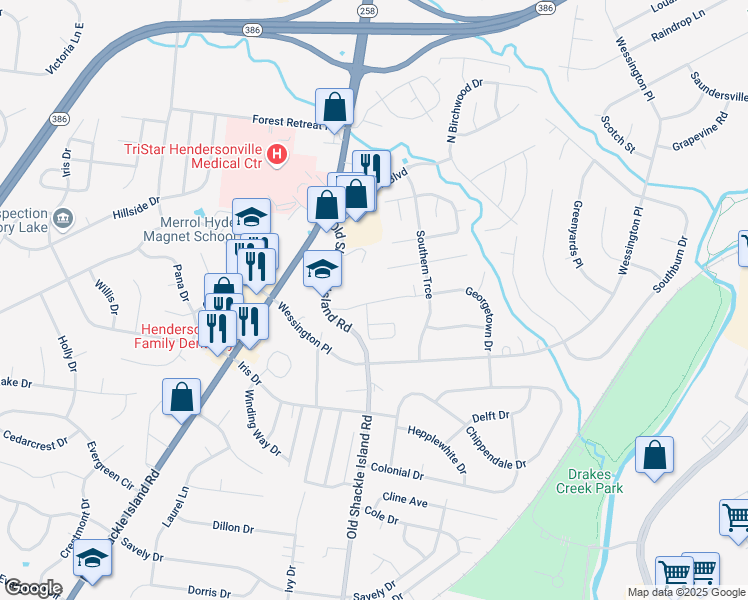 map of restaurants, bars, coffee shops, grocery stores, and more near 49-50 Georgetown Drive in Hendersonville