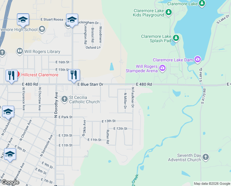 map of restaurants, bars, coffee shops, grocery stores, and more near 1005 Woods Drive in Claremore