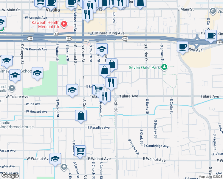 map of restaurants, bars, coffee shops, grocery stores, and more near 1000-1098 South Santa Fe Avenue in Visalia