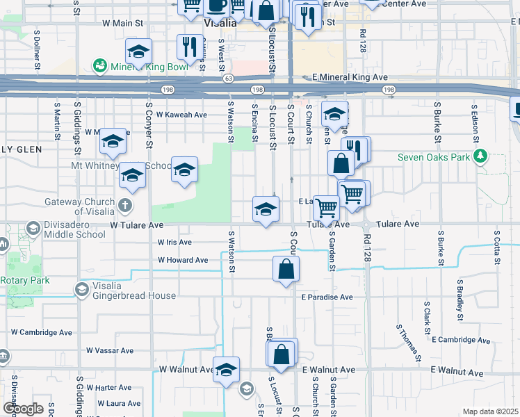 map of restaurants, bars, coffee shops, grocery stores, and more near 905 South Locust Street in Visalia