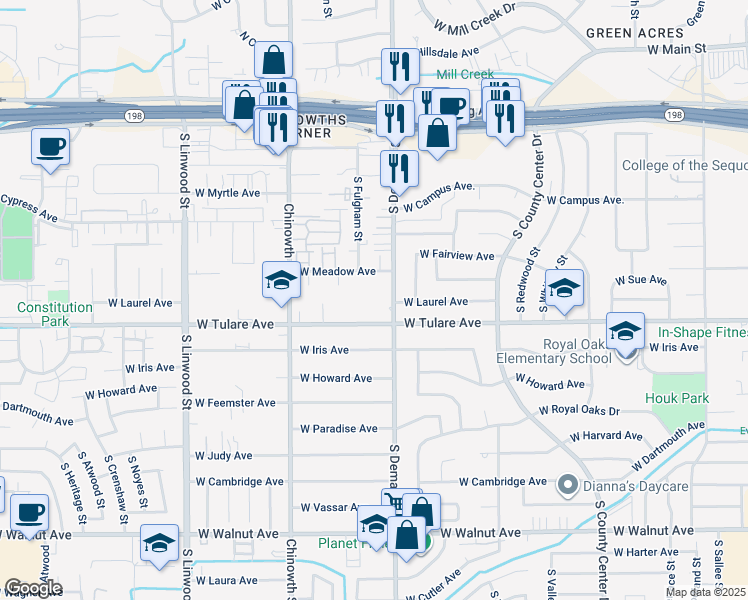 map of restaurants, bars, coffee shops, grocery stores, and more near 3710 West Tulare Avenue in Visalia