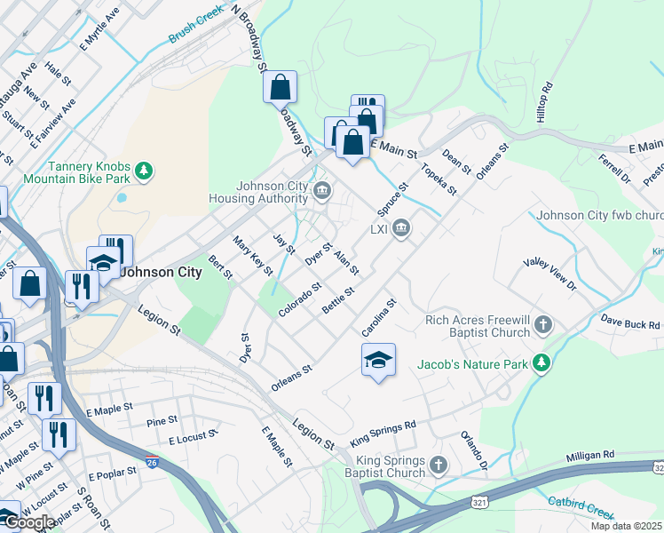 map of restaurants, bars, coffee shops, grocery stores, and more near 414 Colorado Street in Johnson City
