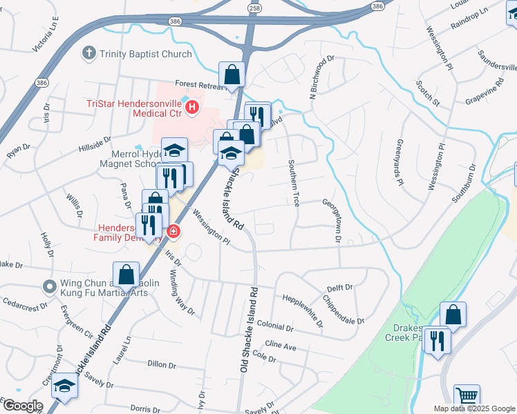 map of restaurants, bars, coffee shops, grocery stores, and more near 49-50 Georgetown Drive in Hendersonville