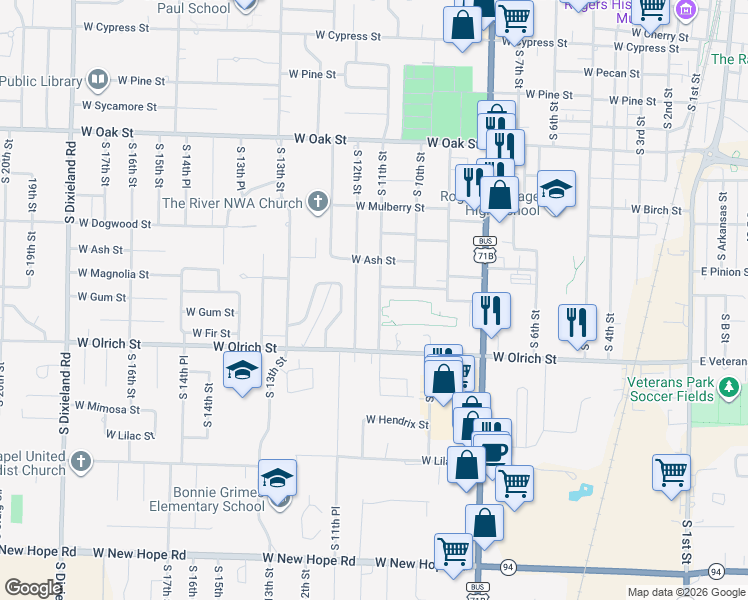 map of restaurants, bars, coffee shops, grocery stores, and more near 1404 South 11th Street in Rogers