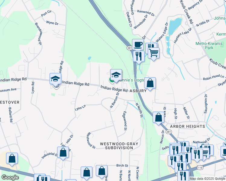 map of restaurants, bars, coffee shops, grocery stores, and more near 2005 Indian Ridge Road in Johnson City
