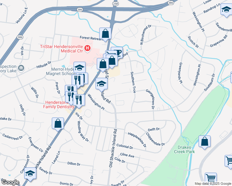 map of restaurants, bars, coffee shops, grocery stores, and more near 49-50 Georgetown Drive in Hendersonville