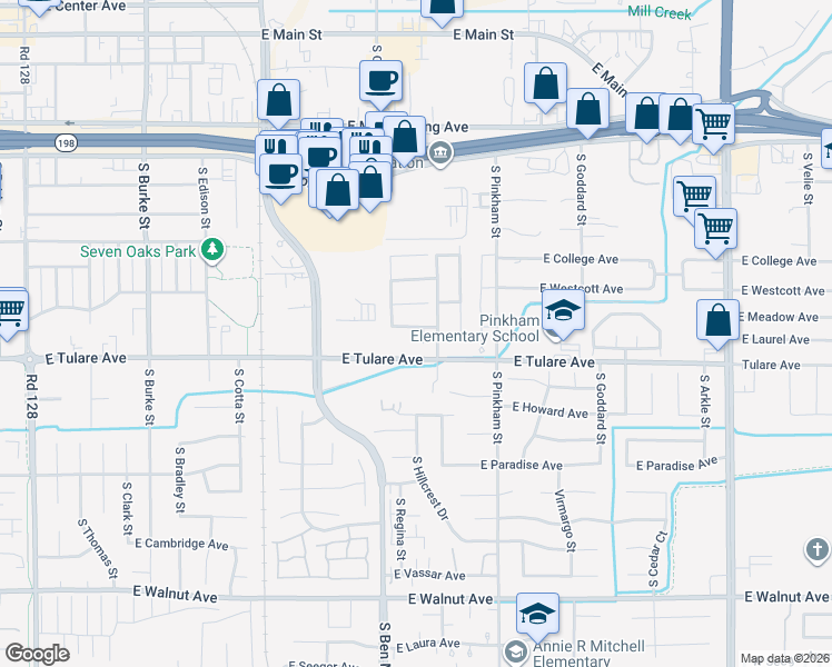 map of restaurants, bars, coffee shops, grocery stores, and more near 1105 South Jeffrey Court in Visalia