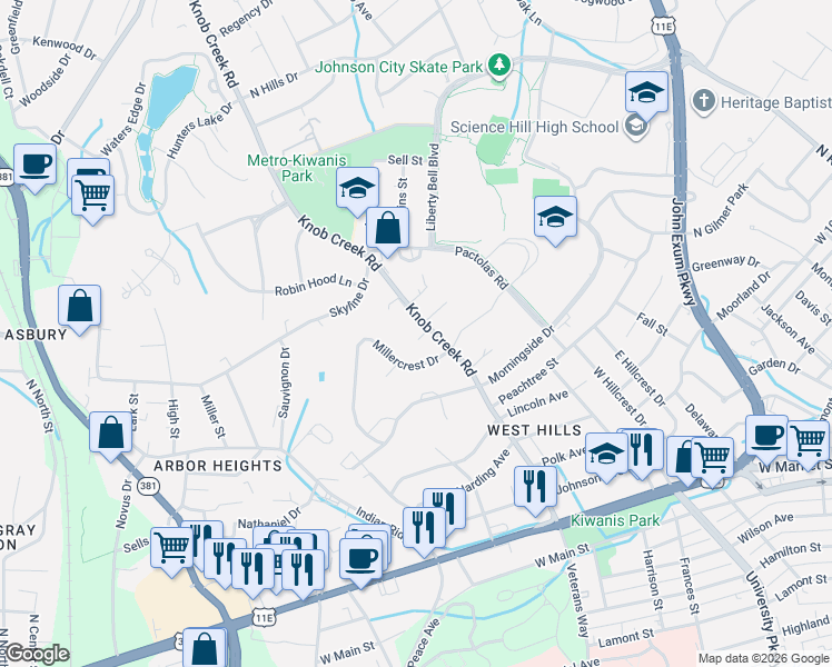 map of restaurants, bars, coffee shops, grocery stores, and more near 1305 Knob Creek Road in Johnson City