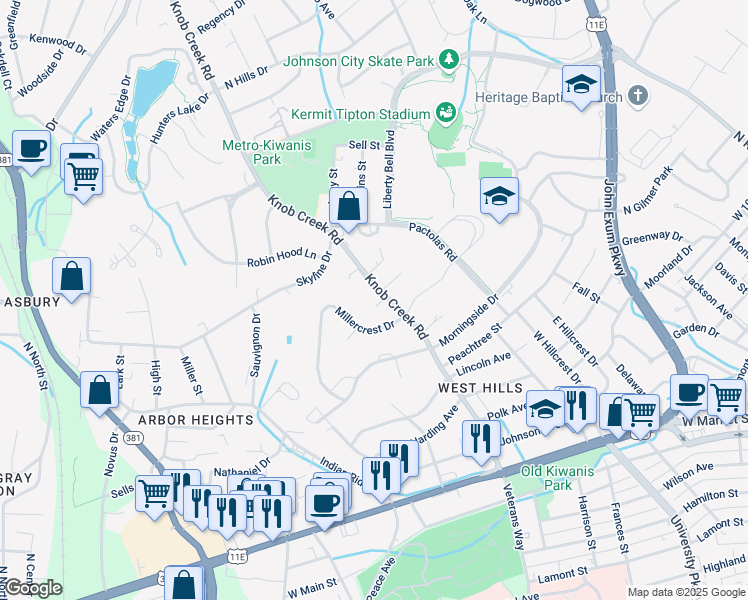 map of restaurants, bars, coffee shops, grocery stores, and more near 1305 Knob Creek Road in Johnson City