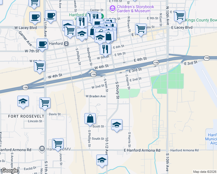 map of restaurants, bars, coffee shops, grocery stores, and more near 403 South Irwin Street in Hanford