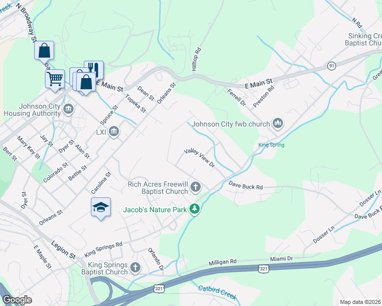 map of restaurants, bars, coffee shops, grocery stores, and more near 1408 Valley View Drive in Johnson City