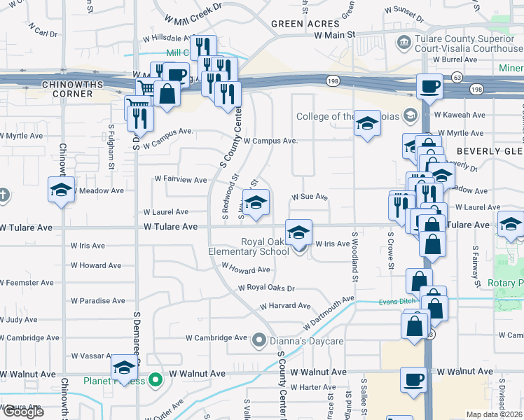 map of restaurants, bars, coffee shops, grocery stores, and more near 2222 South Valley Street in Visalia