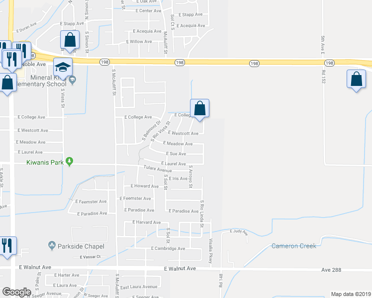 map of restaurants, bars, coffee shops, grocery stores, and more near 1040 South Casablanca Street in Visalia