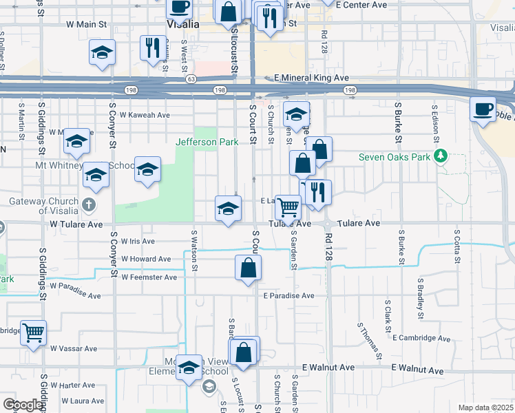map of restaurants, bars, coffee shops, grocery stores, and more near 904 South Court Street in Visalia