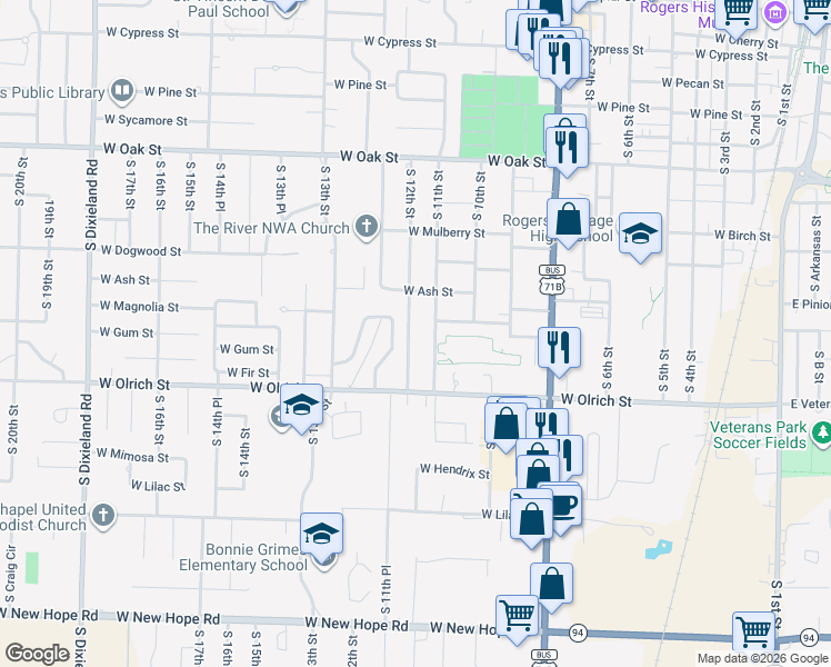 map of restaurants, bars, coffee shops, grocery stores, and more near 1404 South 11th Street in Rogers