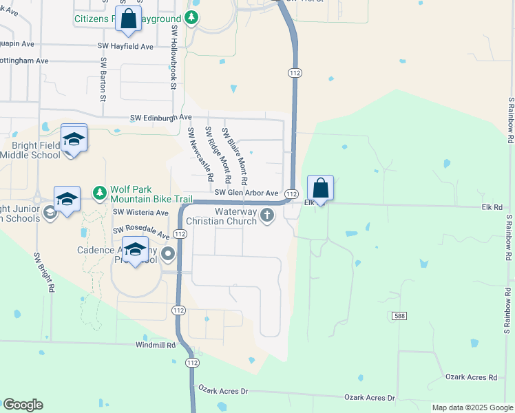 map of restaurants, bars, coffee shops, grocery stores, and more near 4074 SW H St in Bentonville