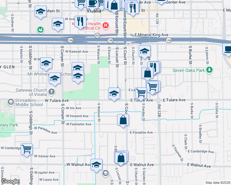 map of restaurants, bars, coffee shops, grocery stores, and more near 905 South Locust Street in Visalia