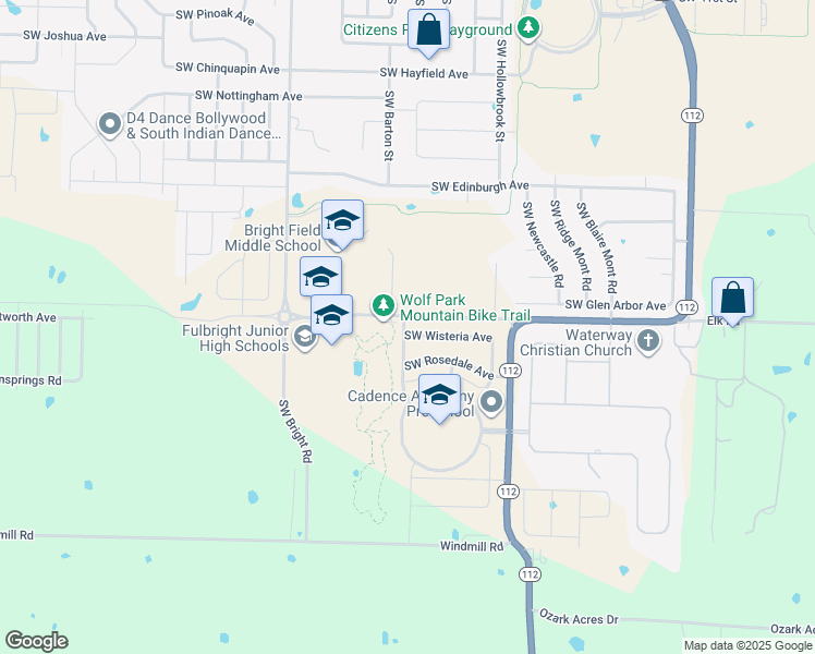 map of restaurants, bars, coffee shops, grocery stores, and more near 1402 Southwest Wisteria Avenue in Bentonville