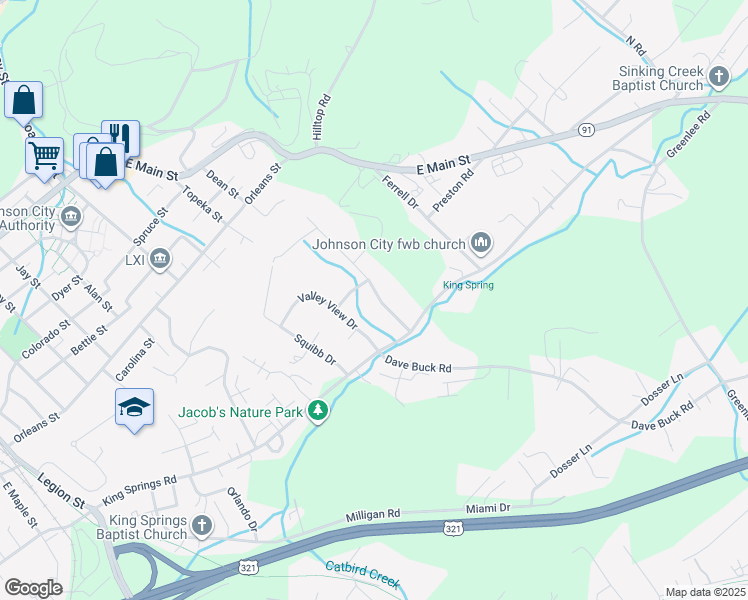 map of restaurants, bars, coffee shops, grocery stores, and more near 1504 Stoneybrook Drive in Johnson City