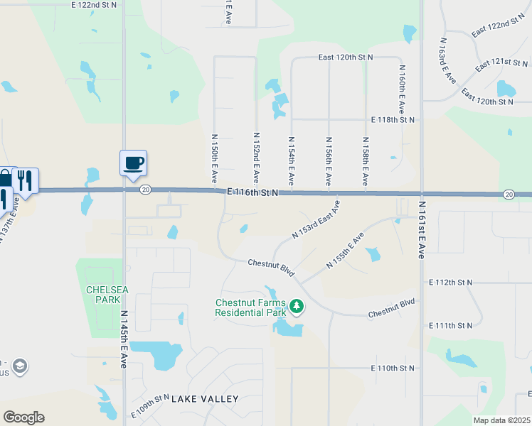 map of restaurants, bars, coffee shops, grocery stores, and more near 15020 East 115th Street North in Owasso