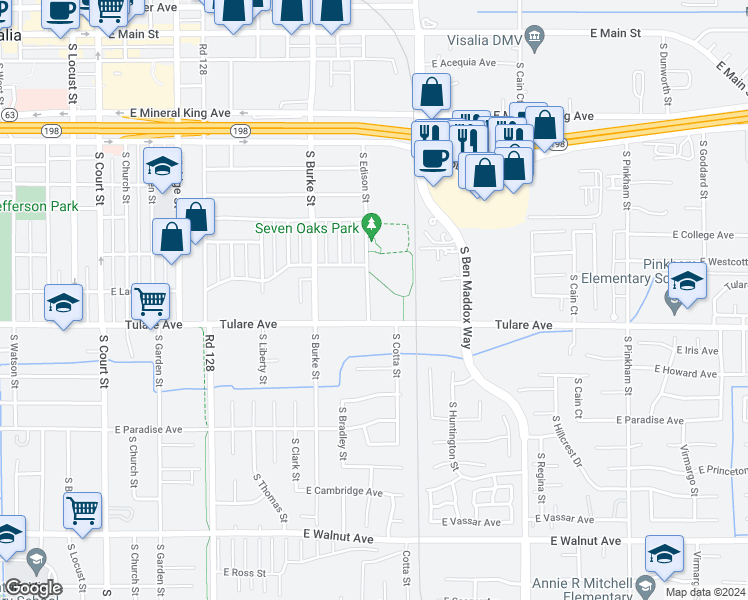 map of restaurants, bars, coffee shops, grocery stores, and more near 1110 South Edison Street in Visalia
