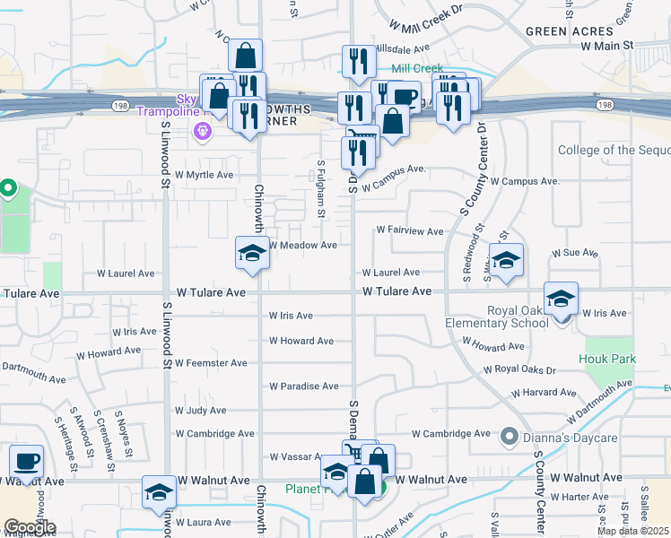 map of restaurants, bars, coffee shops, grocery stores, and more near 3710 West Tulare Avenue in Visalia