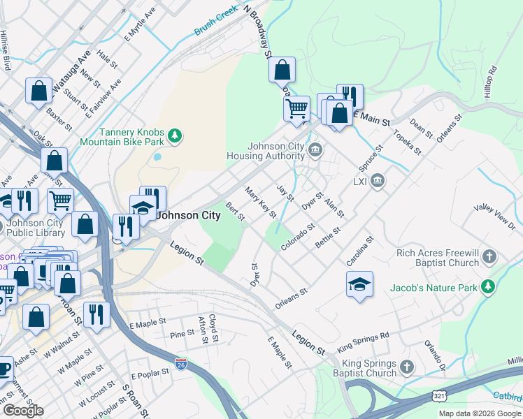 map of restaurants, bars, coffee shops, grocery stores, and more near 515 Cranberry Street in Johnson City