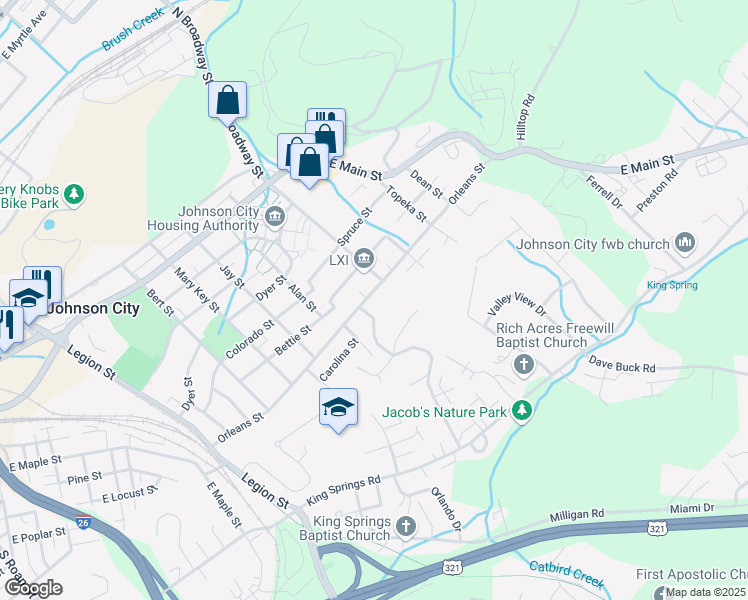 map of restaurants, bars, coffee shops, grocery stores, and more near 606 Orleans Street in Johnson City